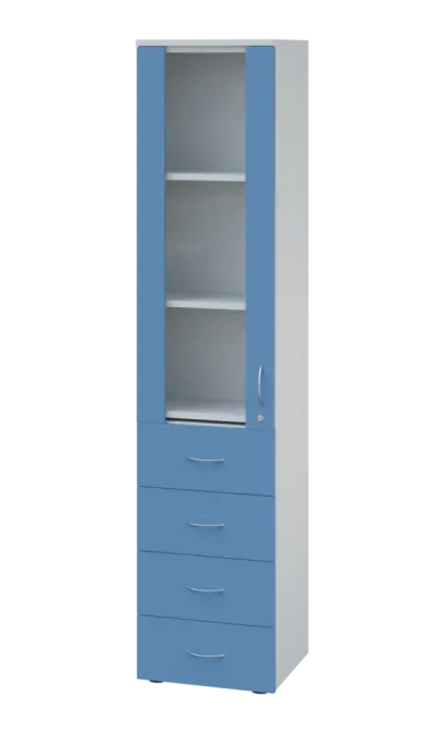 LE - 44 skříň léková prosklená, levá, korpus bílý, dvířka pastelově modrá